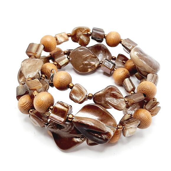 Vintage Shell Wooden Seed Bead Memory Wire Bracelet, Shades of Brown - Picture 2 of 9
